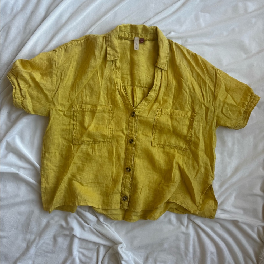 Anthropologie Yellow Linen Button-Up Collared Shirt